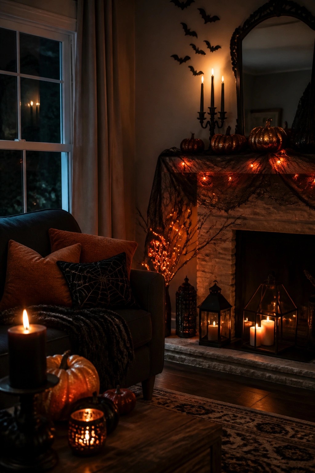 Living room mantel decorated with black spiderweb fabric, string lights, pumpkins, and a candelabra, with paper bats arranged on the wall above.