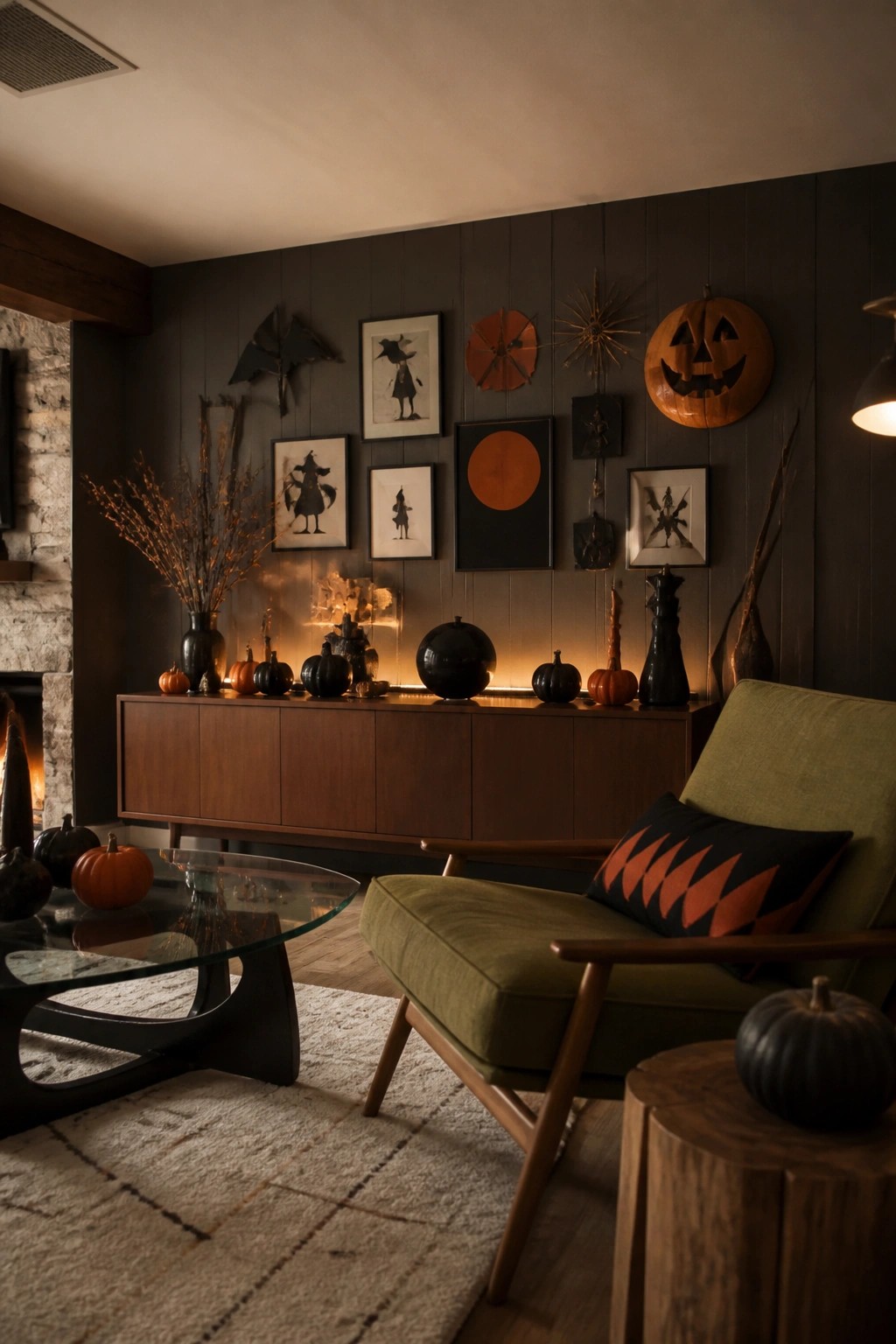 Living room wall with framed witch illustrations, a carved wooden jack o lantern, bats, and orange circular prints above a wooden console holding black and orange pumpkins.