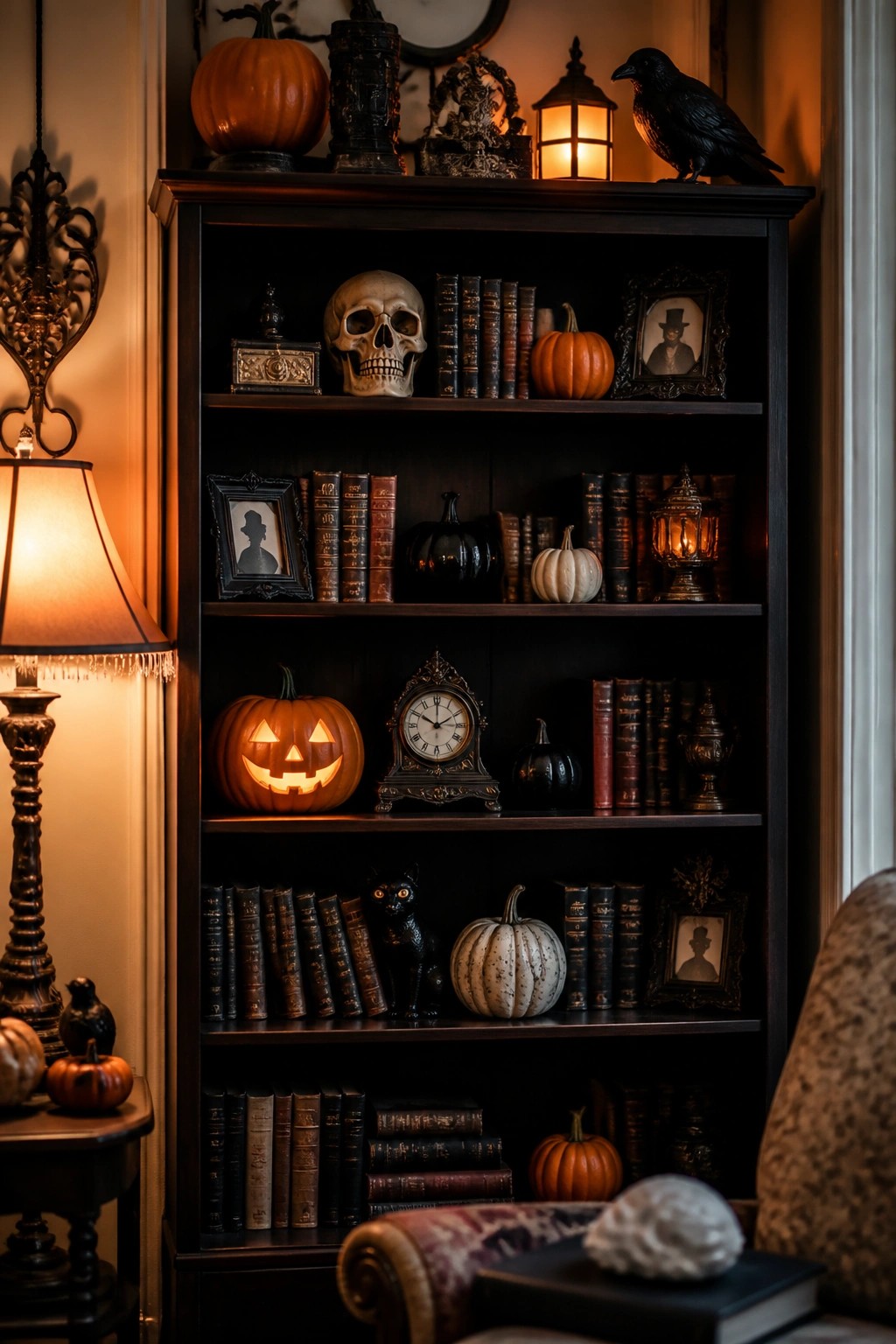 Dark wooden bookshelf styled with a skull, carved pumpkins, a black cat figurine, a crow statue, old books, and small framed silhouettes.