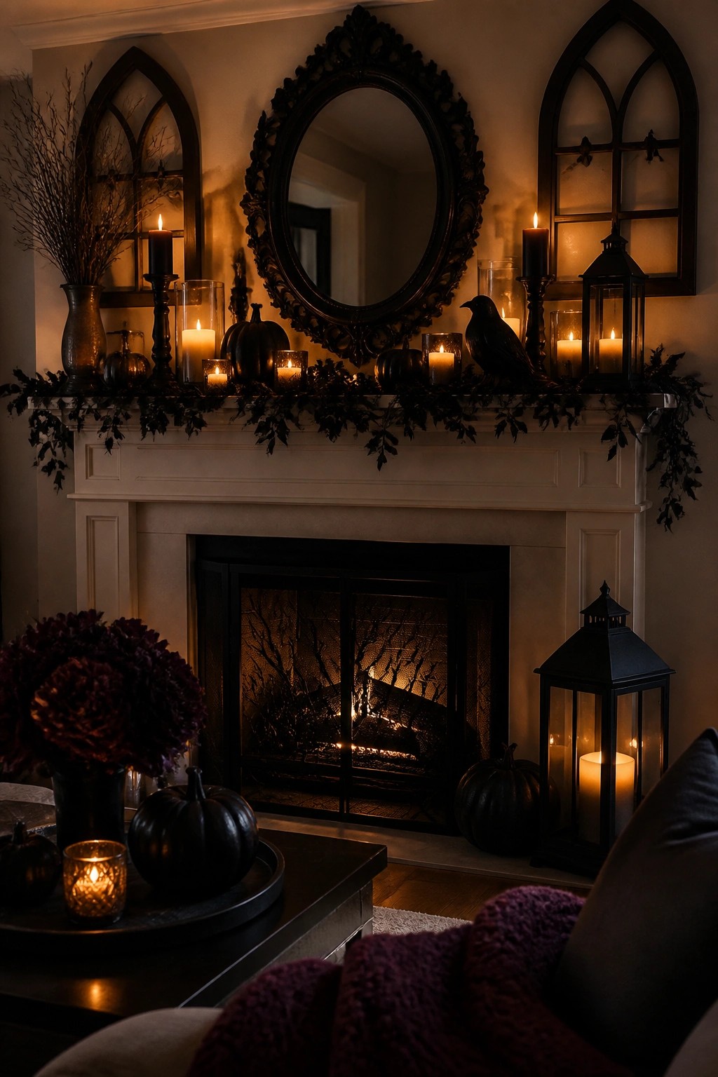 Gothic fireplace mantel with black candles, pumpkins, raven, and flickering firelight