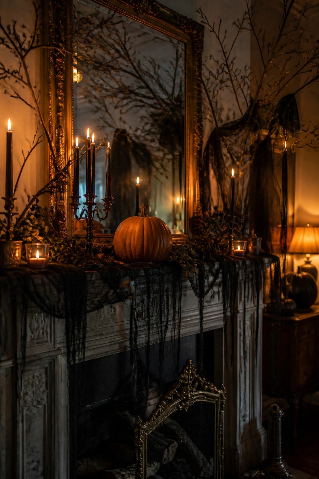 Fireplace mantel styled for Halloween with black fabric draping, lit black candles in candelabras, bare branches, and a large orange pumpkin centered on the mantel.