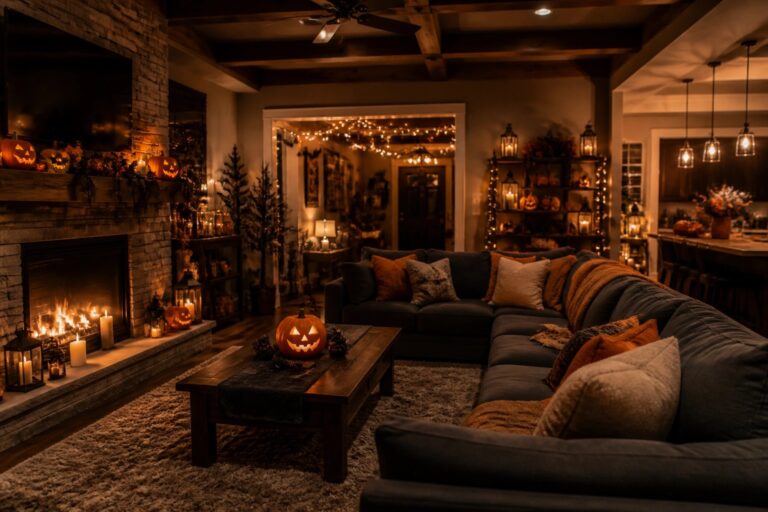Living room fireplace mantel styled with carved jack o lanterns, black lanterns, candles, and small pumpkins.