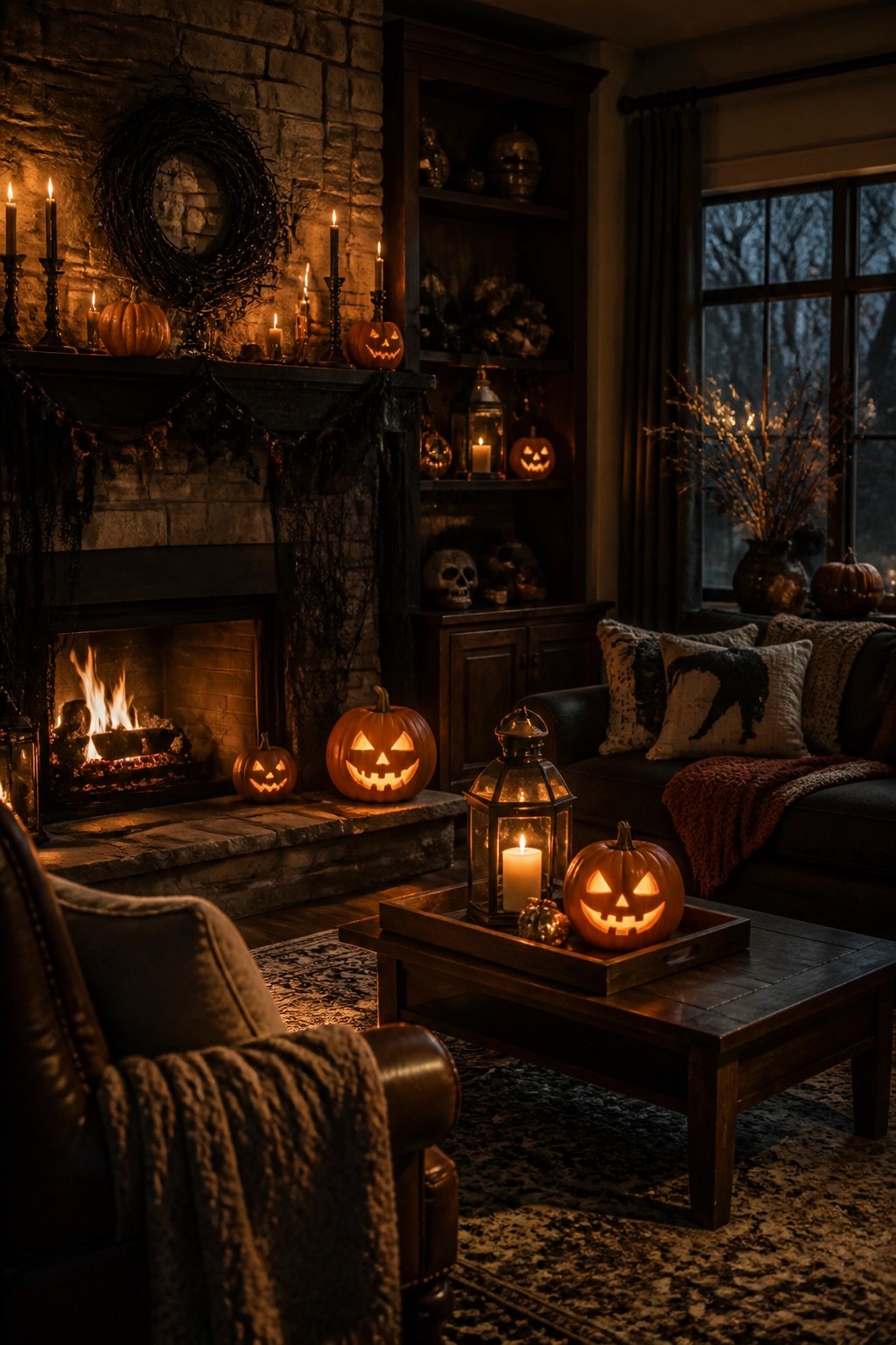 Living room fireplace decorated with multiple carved jack o lanterns on the hearth and mantel along with skulls and a lantern on the coffee table.