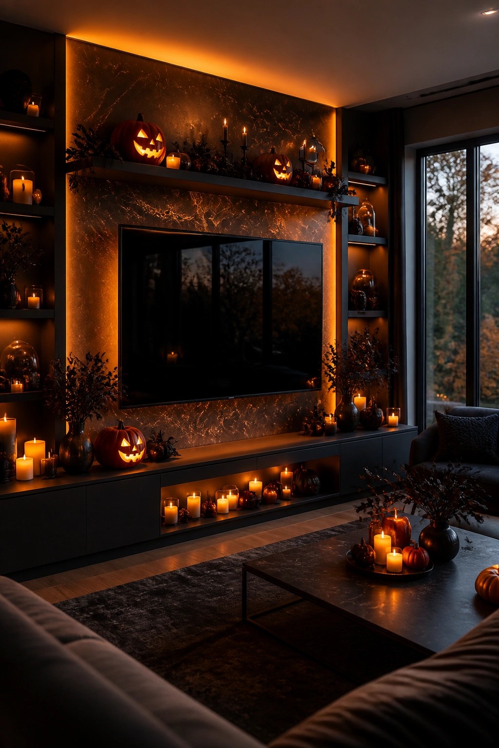 Living room TV wall with multiple lit jack o lanterns arranged on built-in shelves above and below the screen.