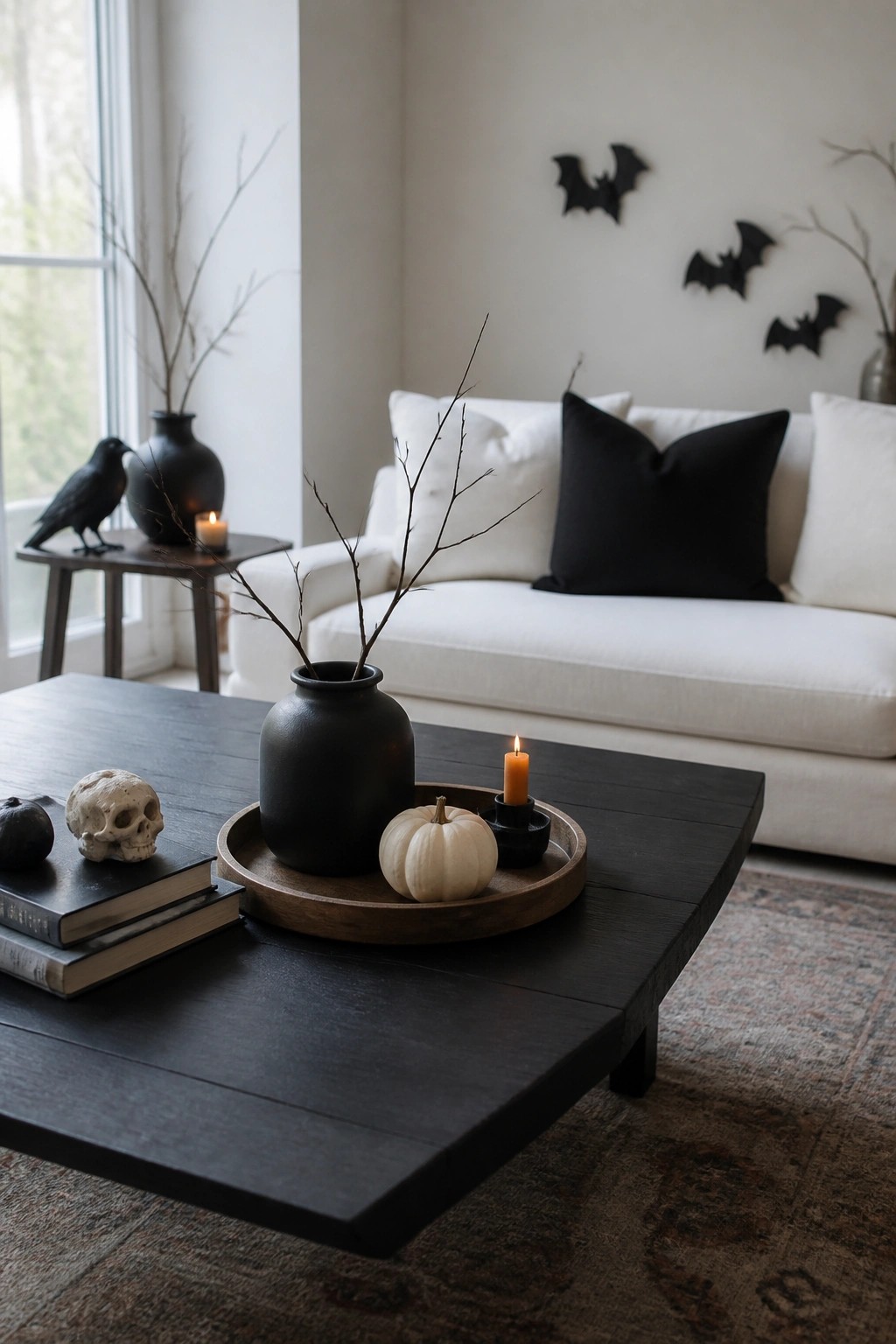 Living room with white sofa and dark coffee table, showing several black bat decorations arranged on the wall above the sofa.