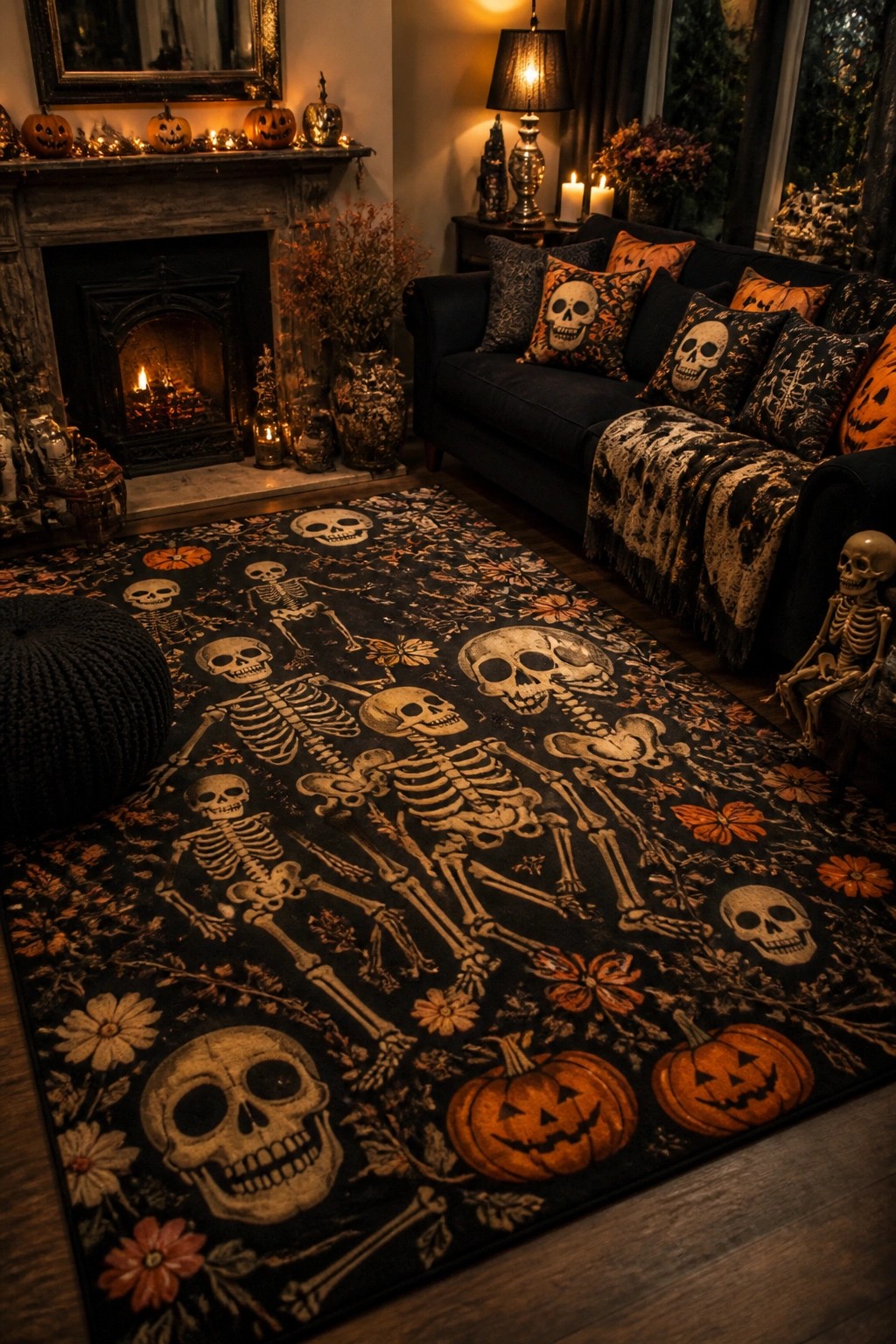 Living room with a large black rug covered in skeleton and skull patterns, skull pillows on a navy sofa, and pumpkins on the mantel.