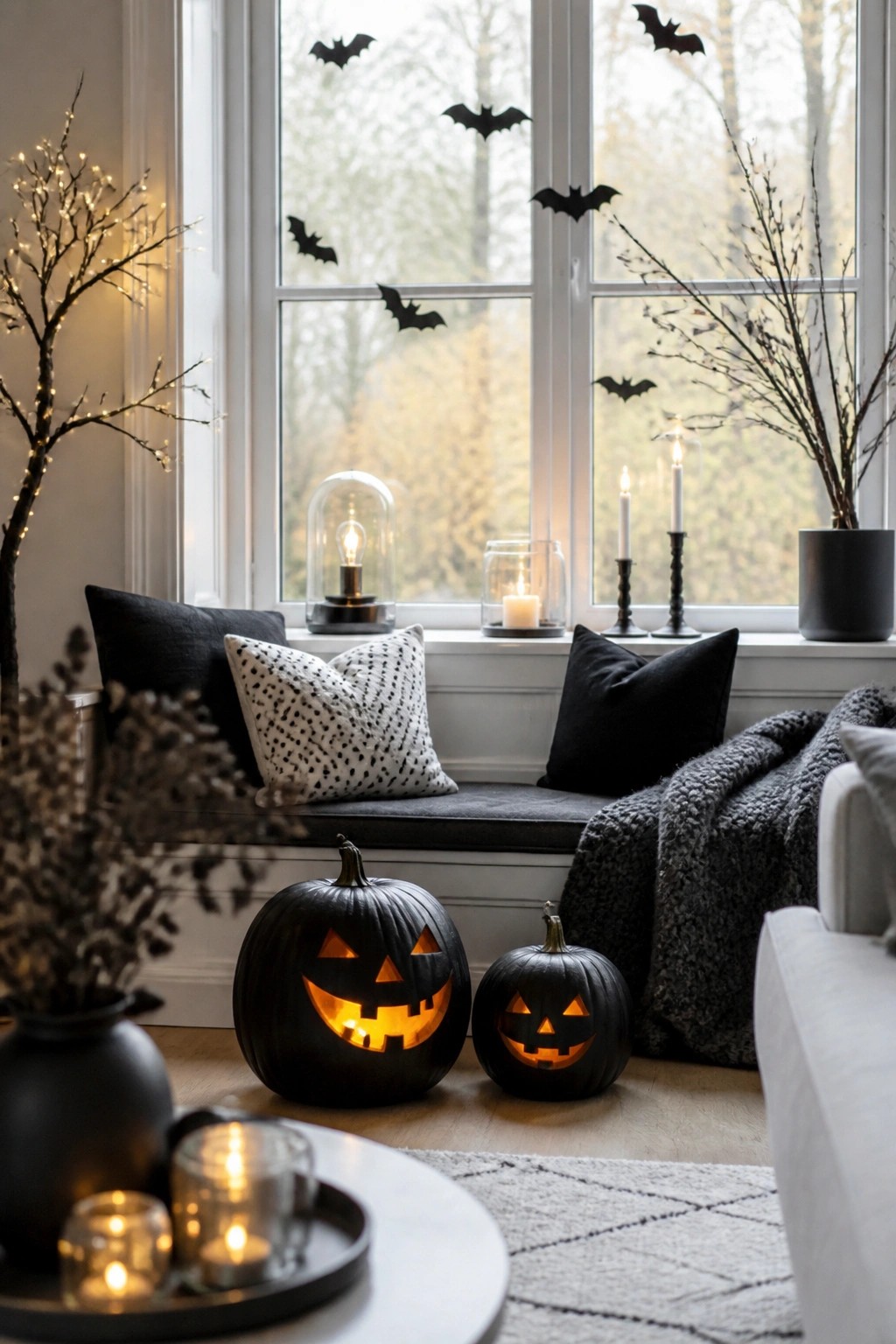 Living room window seat with black paper bats on the glass and two carved jack-o'-lanterns on the floor in front of the bench.