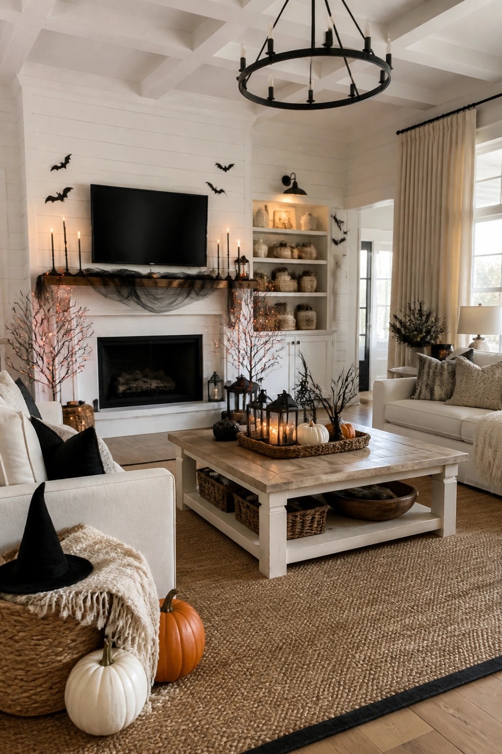 Living room with black bat cutouts arranged on the white wall above a fireplace mantel and television, accented by candles, pumpkins, and lanterns.