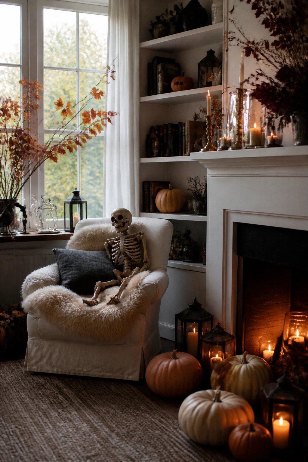 A skeleton posed casually in a white armchair in a living room with pumpkins, lit candles, and shelves in the background.