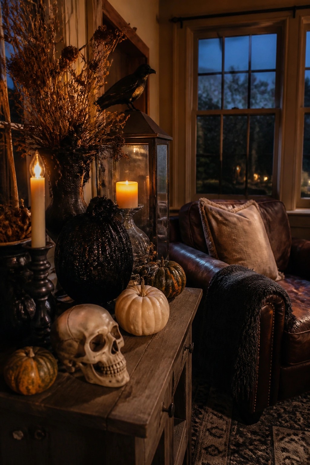 A wooden console table displays a skull, black and white pumpkins, candles in a lantern, and a black crow statue with dried branches in a living room.