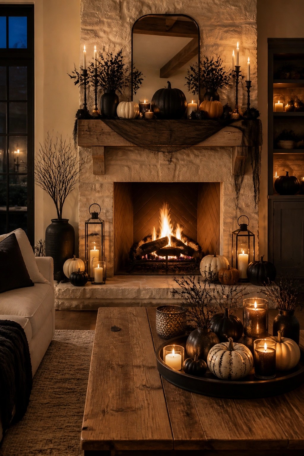 Living room fireplace mantel styled with black and white pumpkins, lit candles, black branches, and dark draped fabric.