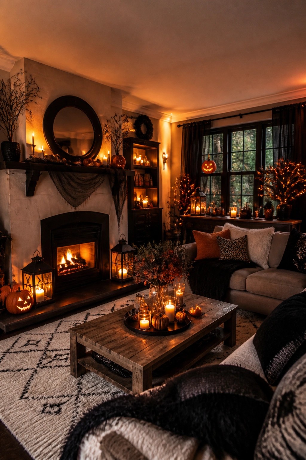 Living room fireplace mantel styled with carved jack o lanterns, black lanterns, candles, and small pumpkins.