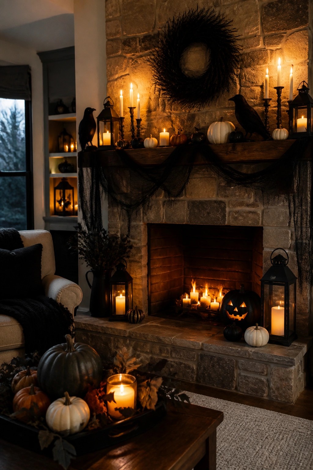 Stone fireplace mantel styled for Halloween with black crows, assorted pumpkins, candles in lanterns, a black wreath, and black netting.