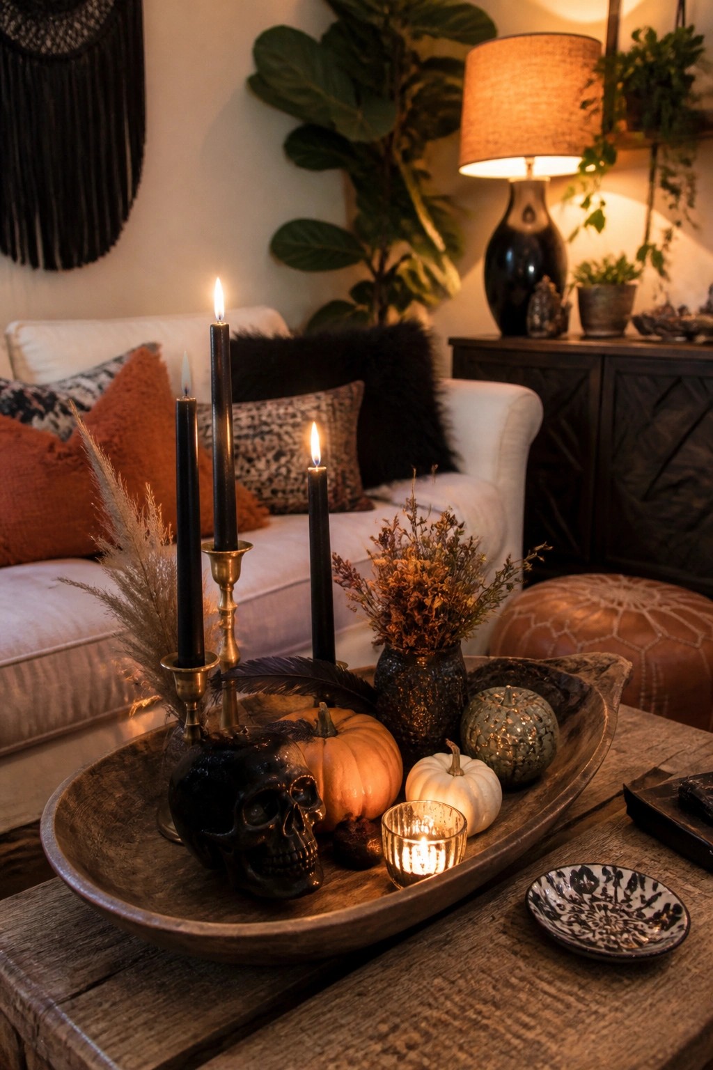 A wooden tray on a living room coffee table displays a black skull, black taper candles, small pumpkins, and dried flowers.