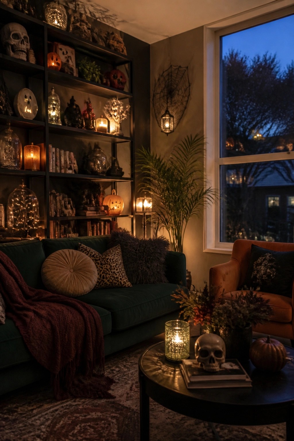 Living room with black shelves filled with skulls, jack o lanterns, candles, and Halloween figures next to a green sofa and coffee table skull.