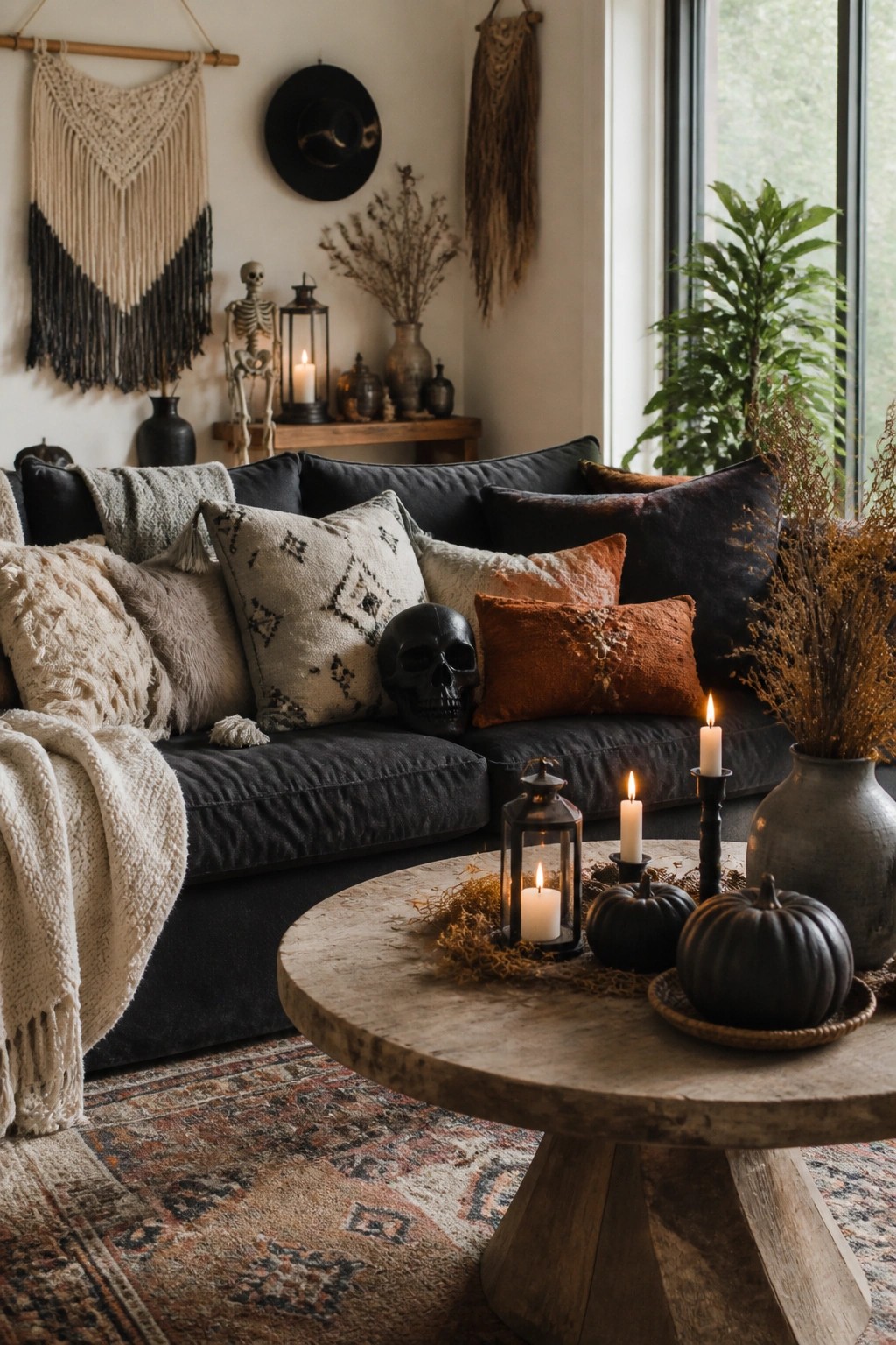 Living room sofa styled with a black skull accent, a standing skeleton figure behind it, and black pumpkins on the coffee table.