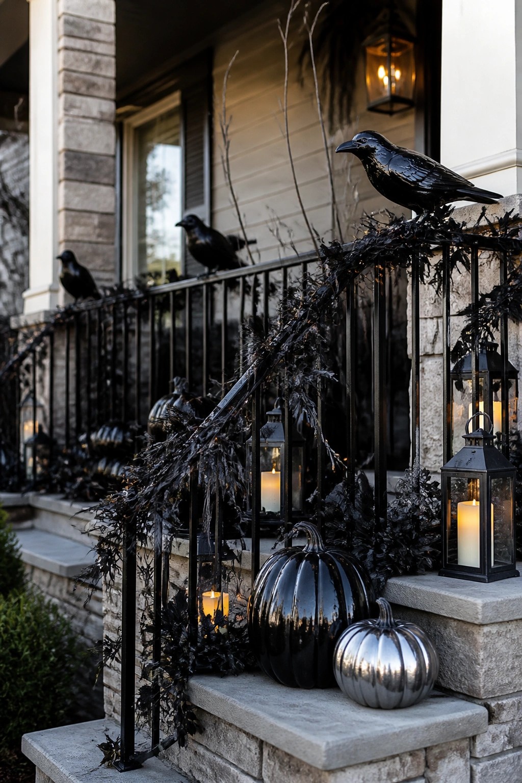 Front porch with multiple black crows perched on the railing, black foliage garland, black lanterns, and black and silver pumpkins arranged on the stone steps.