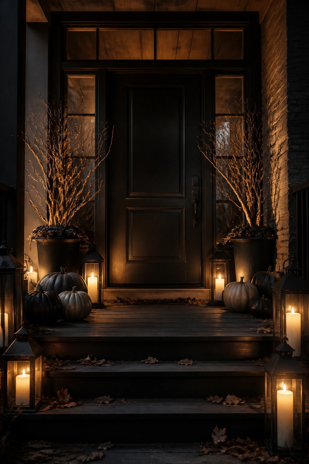 Front porch steps lined with black and metallic pumpkins and black lanterns holding lit candles.