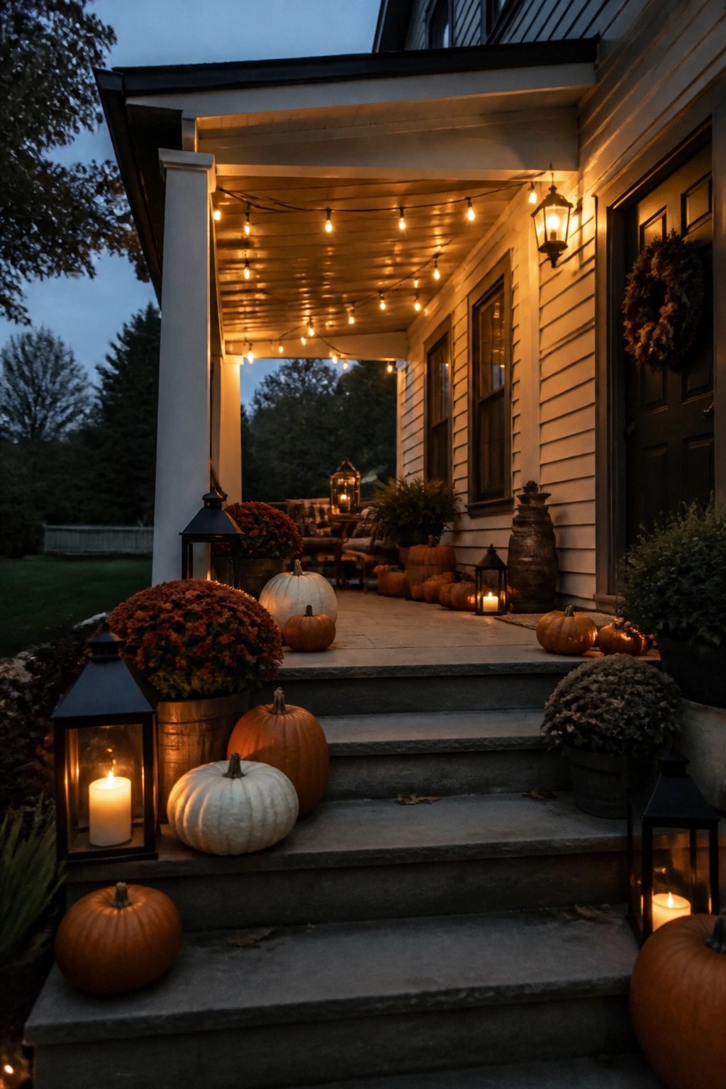 Front porch steps lined with orange and white pumpkins and black lanterns under string lights.