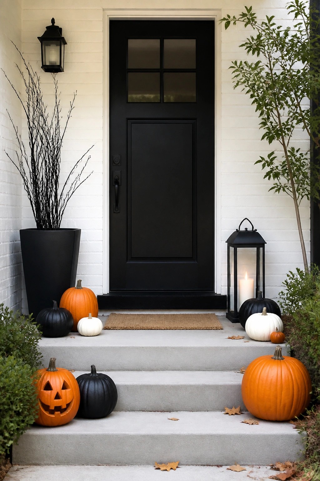 Front porch with concrete steps lined with orange, black, and white pumpkins plus a lit black lantern beside a dark front door.
