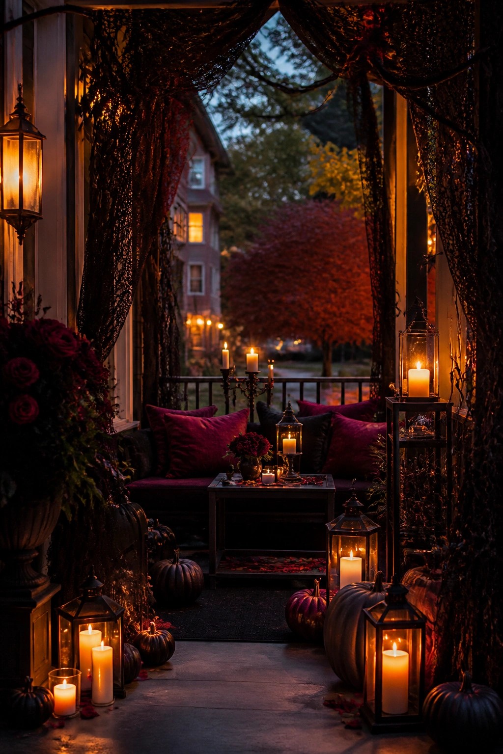 Front porch styled for Halloween with hanging black sheer fabric, multiple glowing lanterns, and dark pumpkins arranged around a bench.
