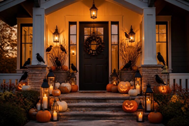 Front porch with a skeleton seated in a dark wooden chair, surrounded by pumpkins and black lanterns on the steps.