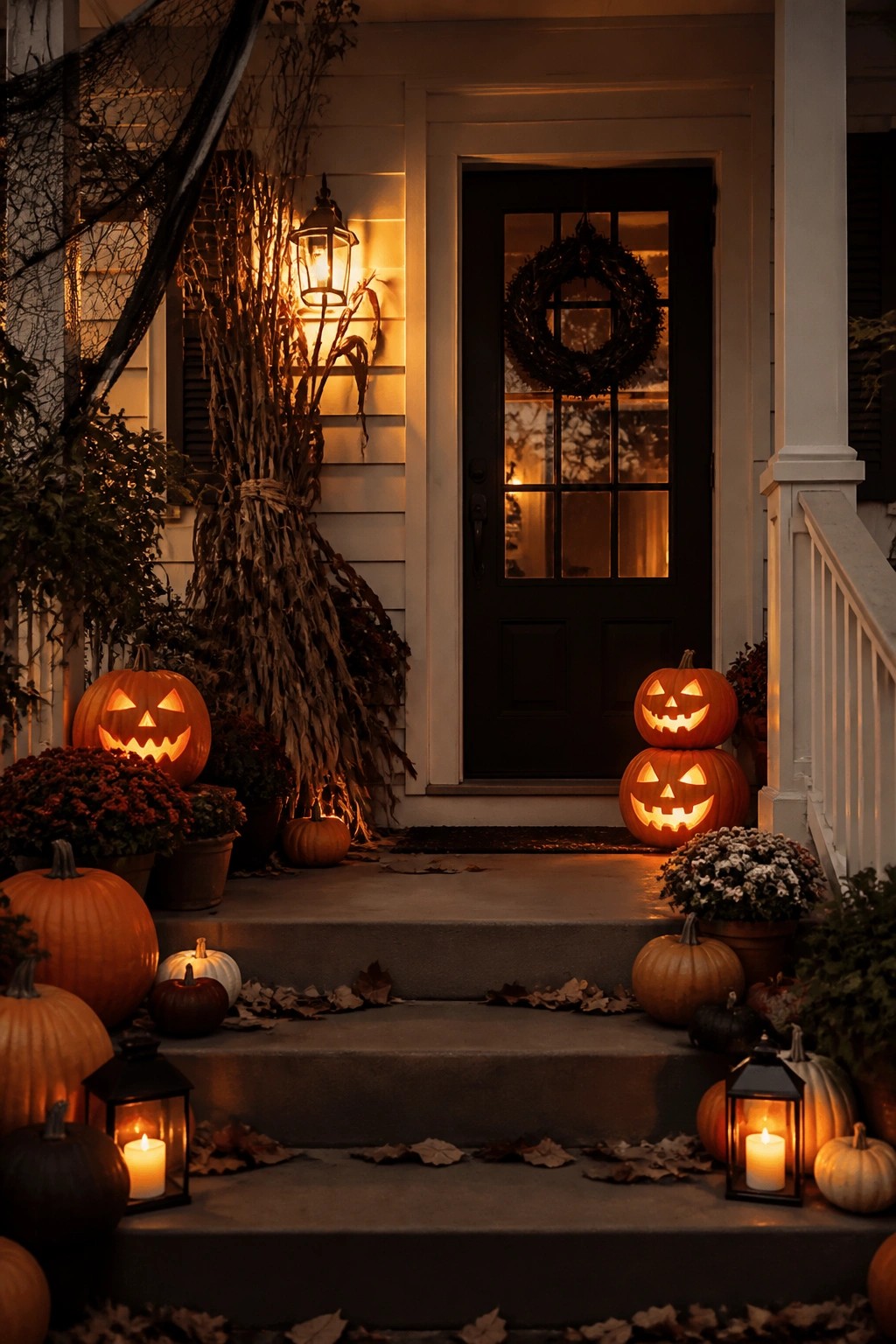 Front porch steps lined with carved jack o lanterns and lanterns beside a black door with a wreath.