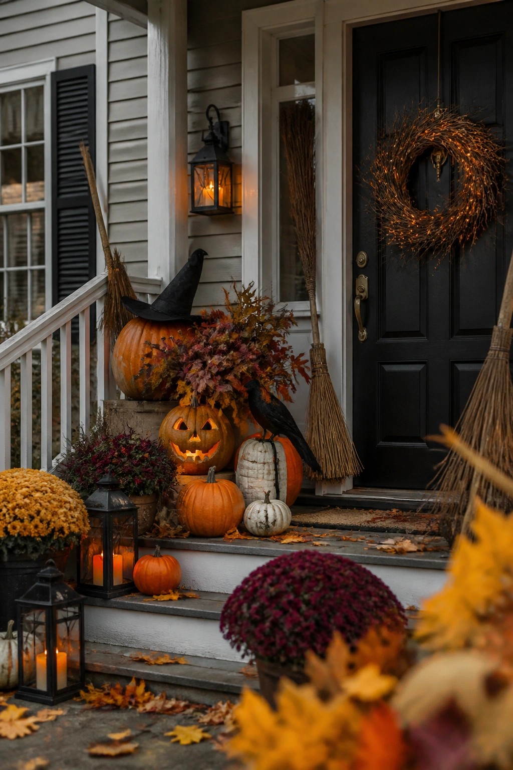 Front porch steps lined with carved and lit jack o lanterns, a pumpkin wearing a witch hat, black crows, and brooms beside a dark front door.