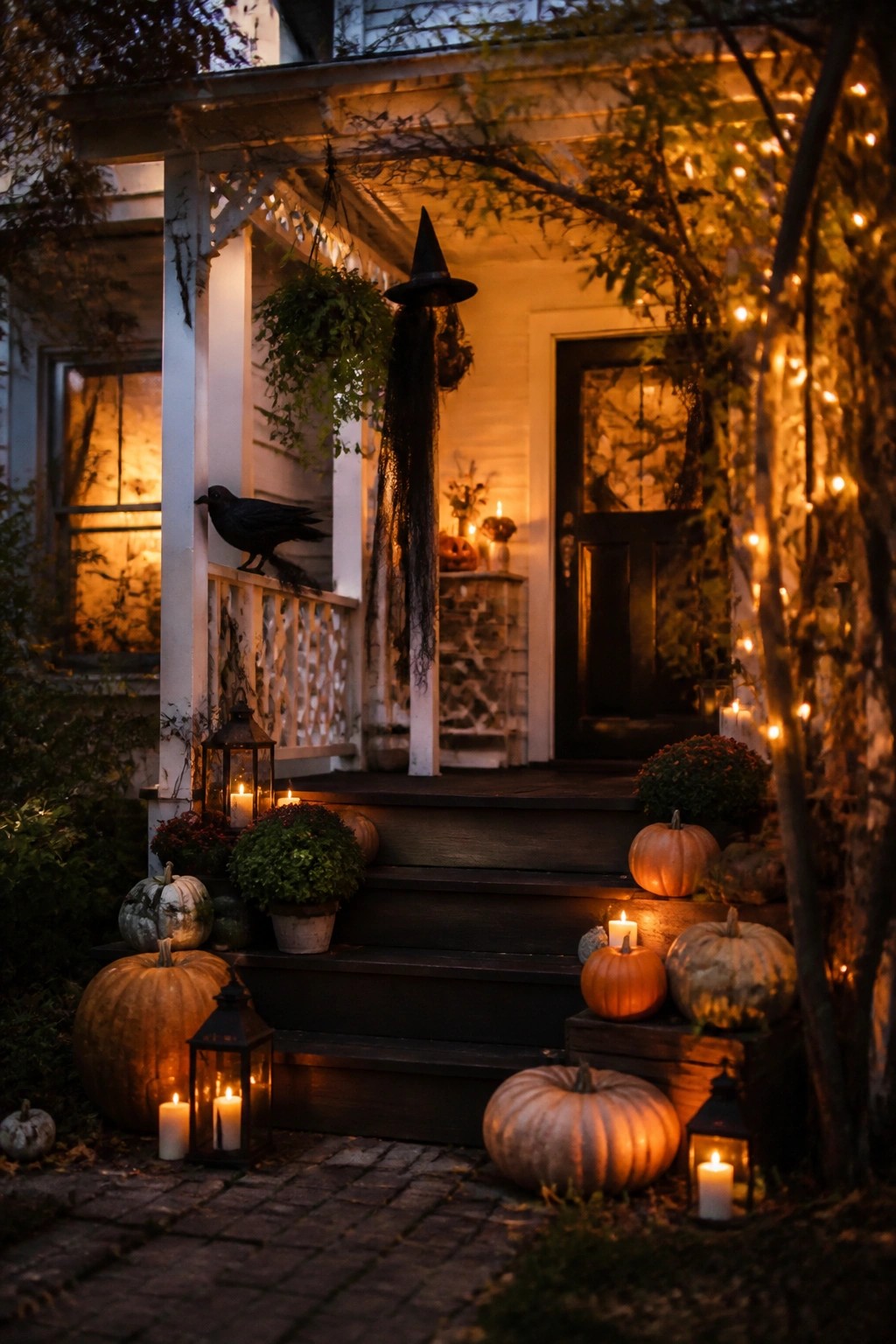 Front porch with a hanging witch hat and black tattered fabric, a black crow on the railing, pumpkins, and lit lanterns arranged on the steps.