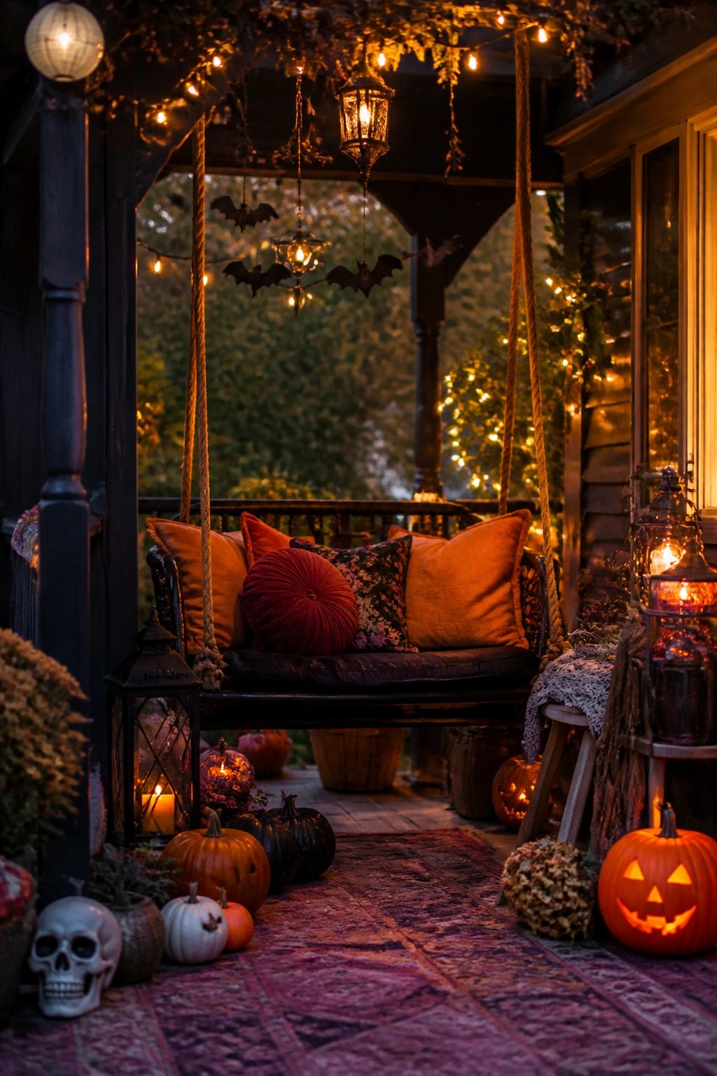 Front porch with a wooden swing decorated with hanging black bats, carved jack-o'-lanterns, and lanterns on a patterned rug.