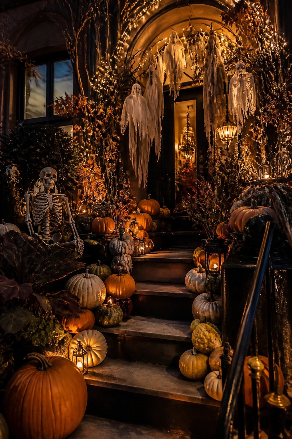 Front porch with stairs lined in pumpkins, a skeleton on the left, and multiple white hanging ghost figures around the doorway.