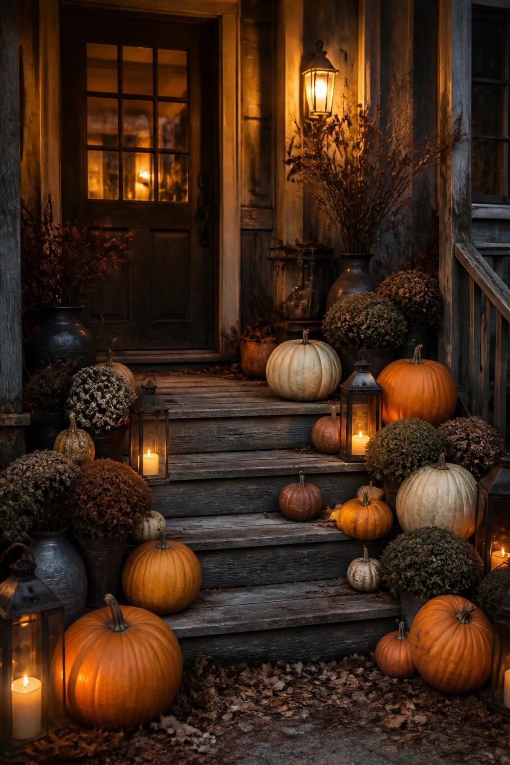 Wooden porch steps lined with orange and white pumpkins of varying sizes next to lit black lanterns and dried plants.