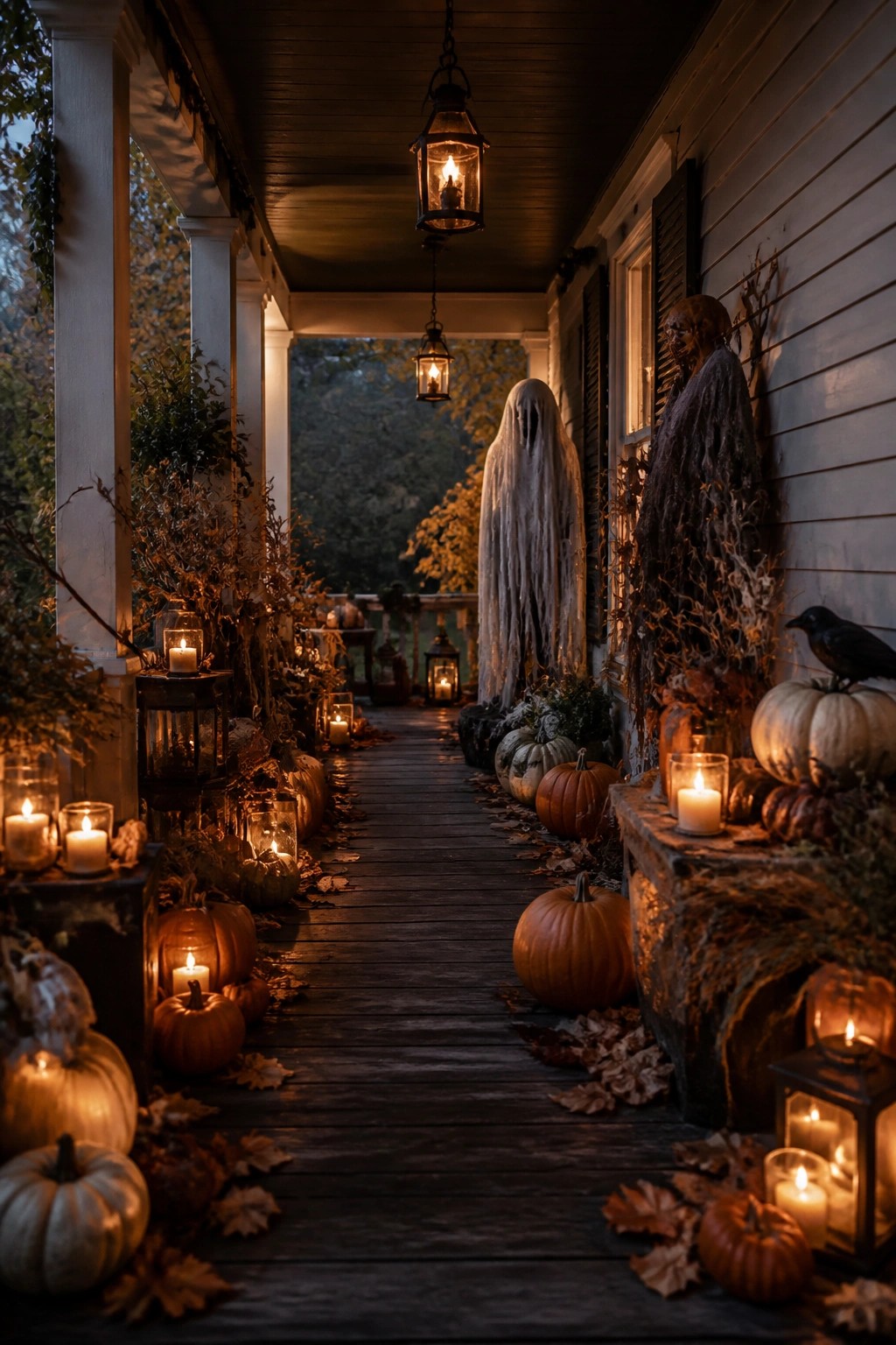 Wooden front porch decorated with tall white ghost figures, pumpkins, and lanterns along a dark walkway at night.