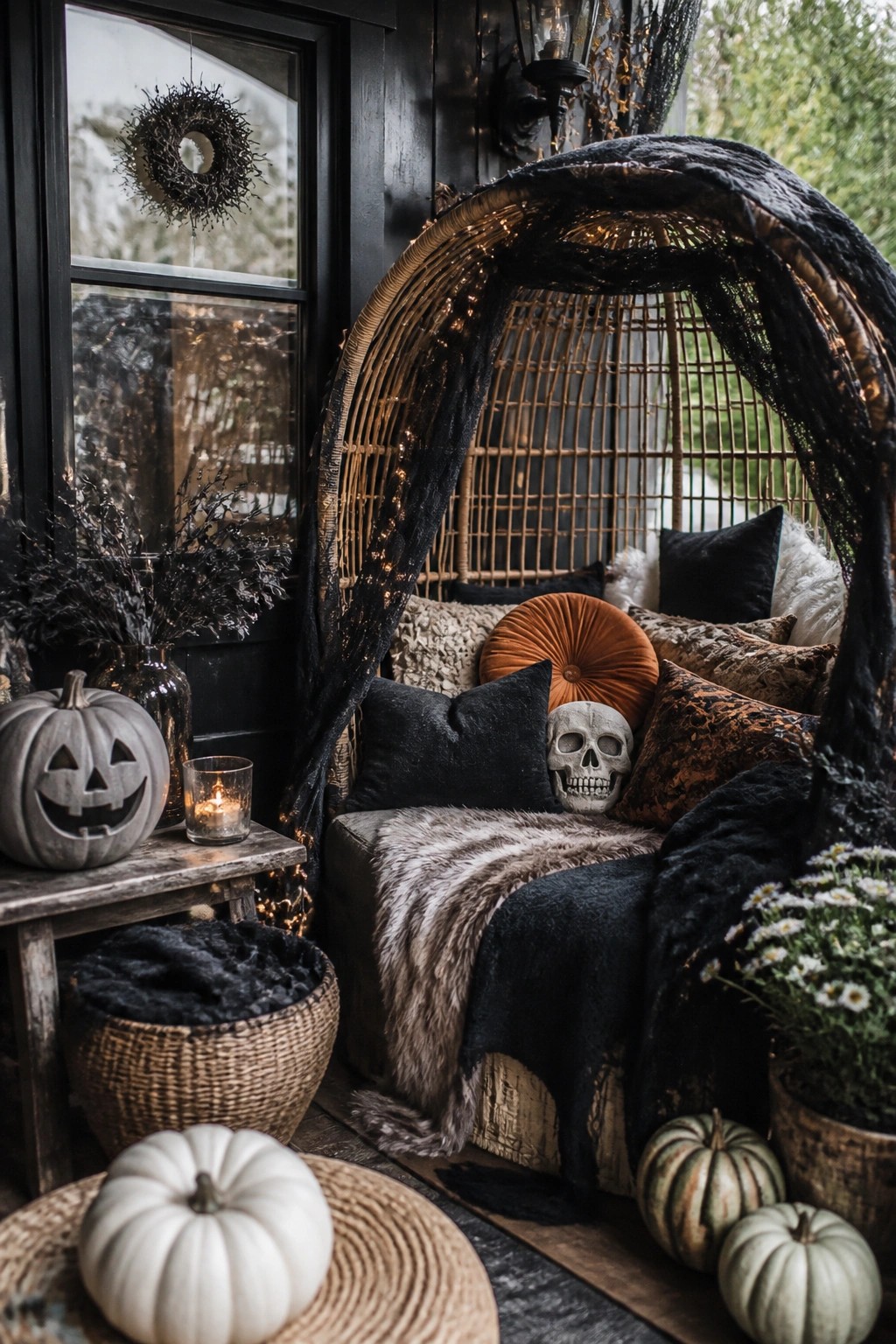 Front porch seating area with a large wicker chair holding a white skull among black and rust pillows, a carved pumpkin on a nearby table, and string lights along the frame.