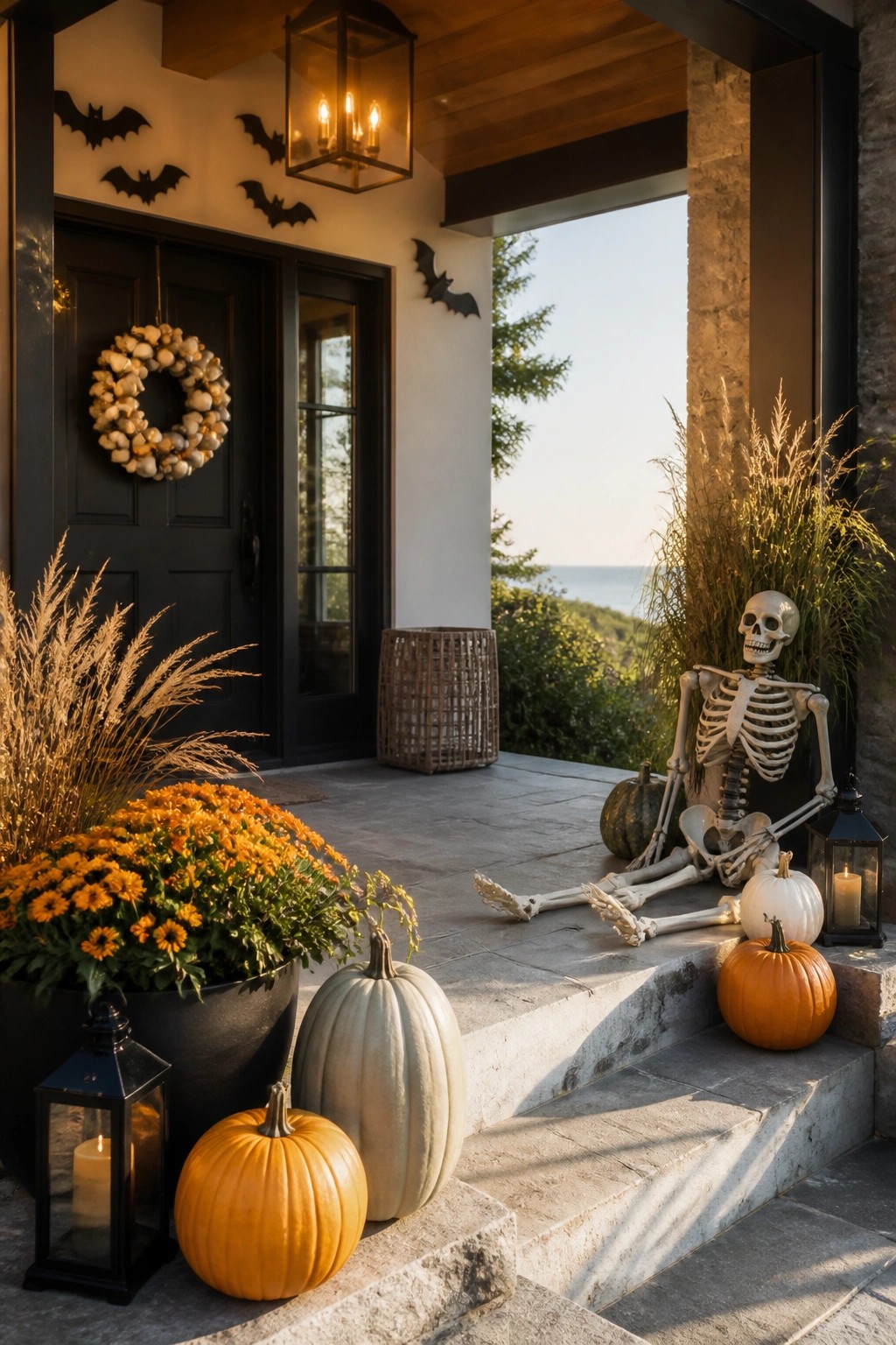 A skeleton posed on the steps of a front porch with pumpkins, lanterns, and black bat decorations on the wall nearby.