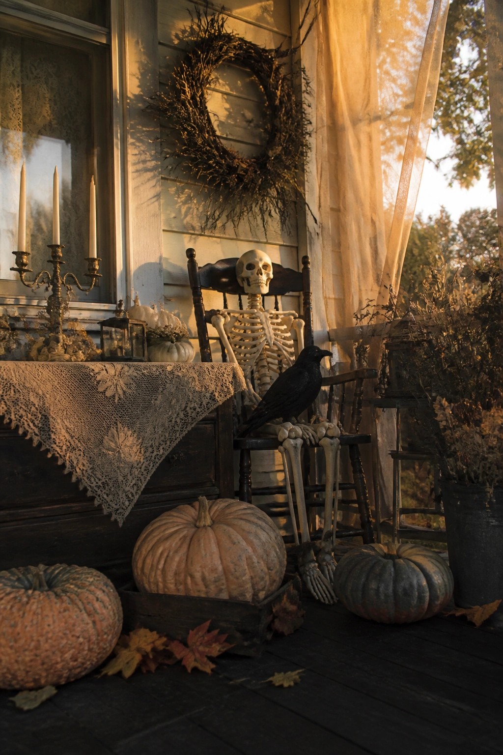 Front porch with a skeleton seated in a rocking chair and a black crow perched on its lap, surrounded by pumpkins and a dried wreath on the wall.