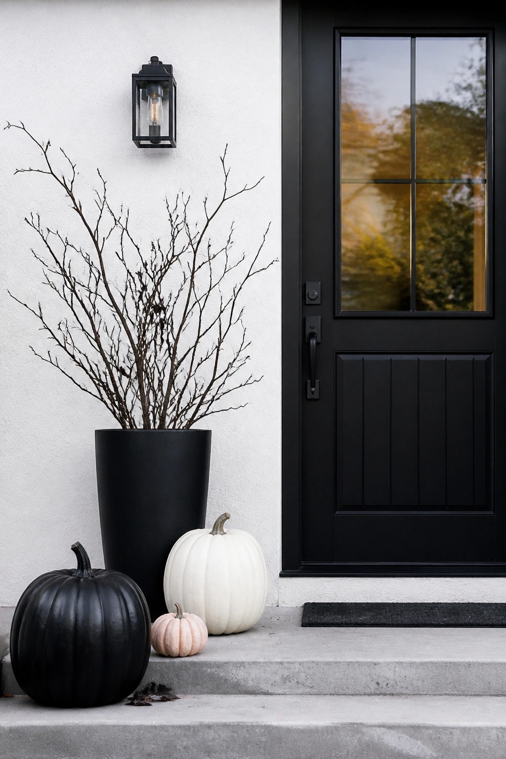Front porch with a black door, black lantern, tall black vase holding bare branches, and black, white, and peach pumpkins arranged on the concrete steps.