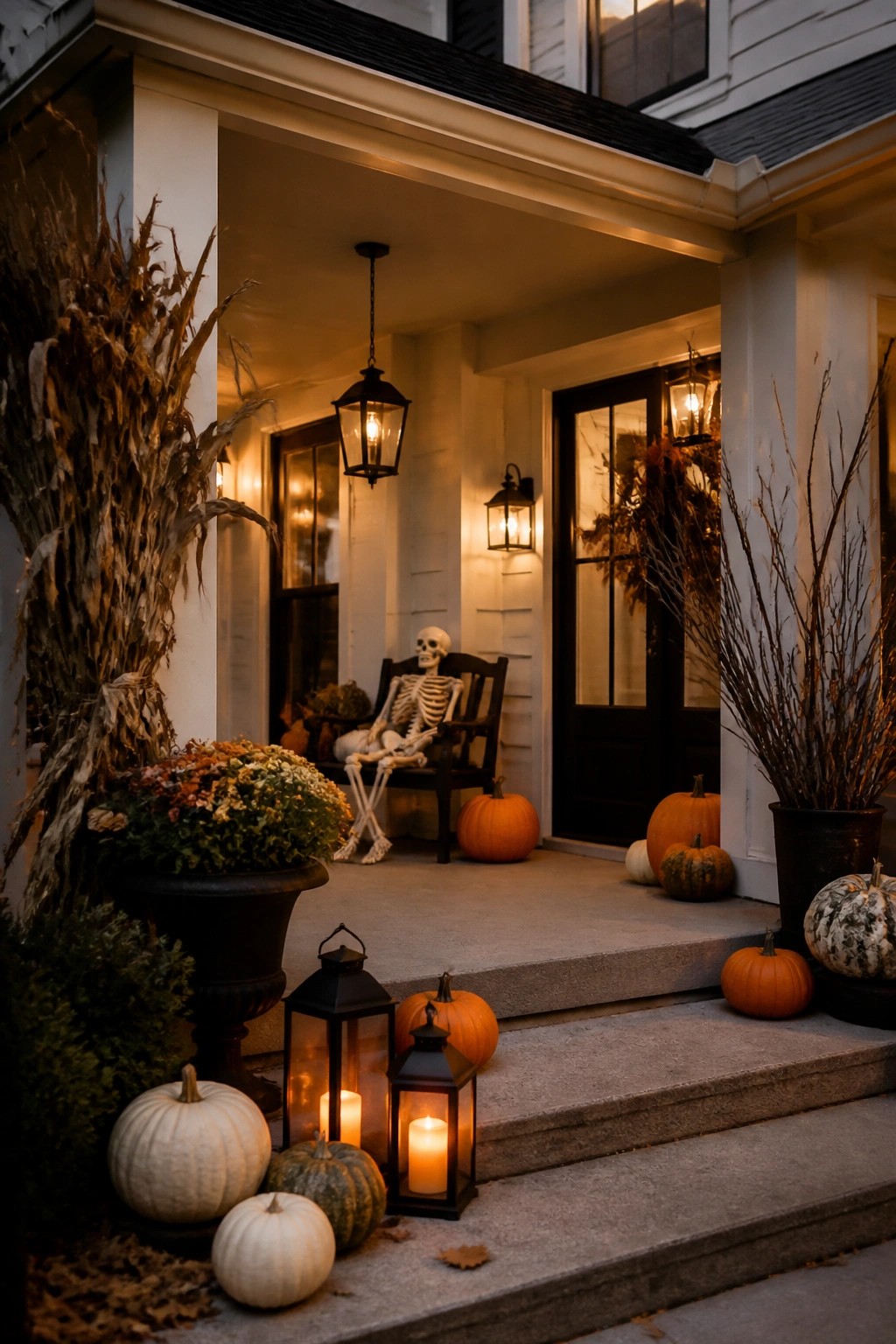 Front porch with a skeleton seated in a dark wooden chair, surrounded by pumpkins and black lanterns on the steps.