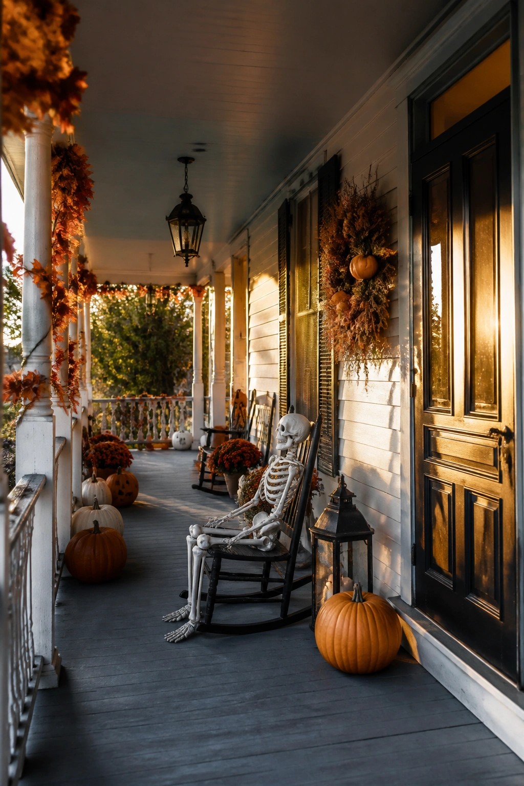 A white skeleton seated in a black rocking chair on a front porch surrounded by pumpkins and autumn wreaths.