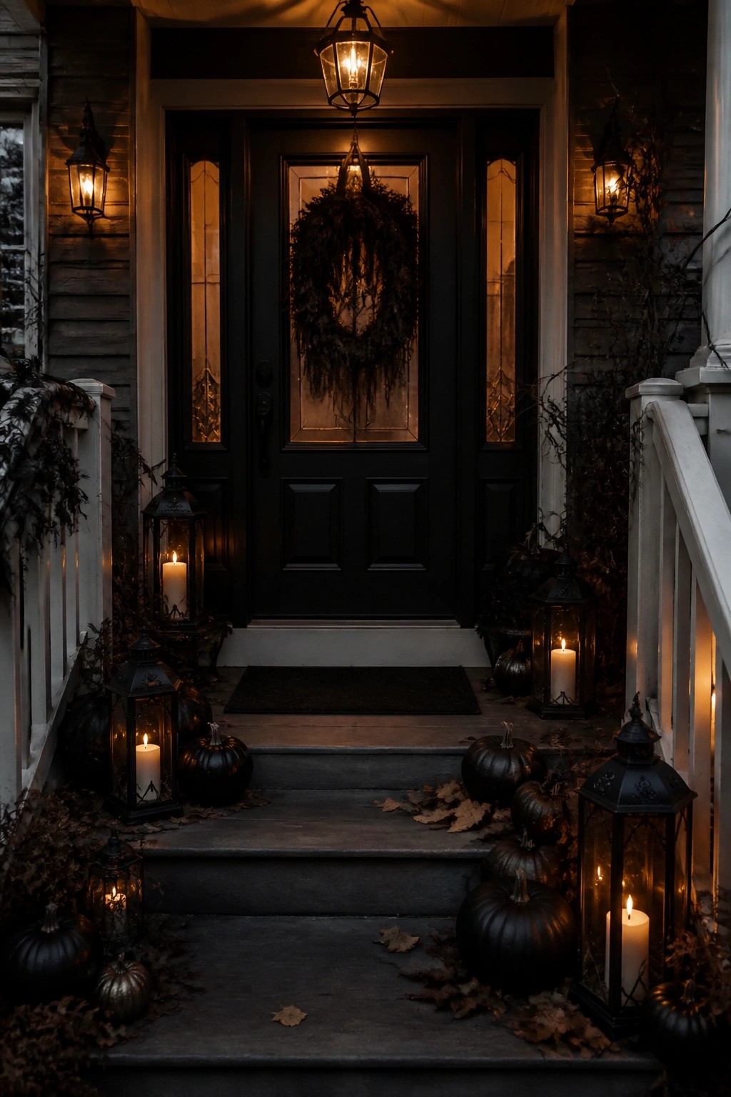 Front porch decorated with black pumpkins and black metal lanterns arranged on the steps and railings leading to a black door with a dark wreath.