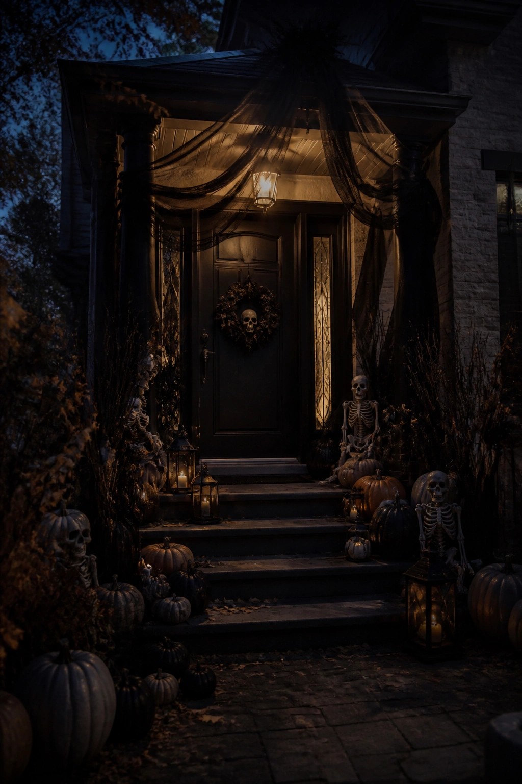 Spooky Halloween porch with skeletons, pumpkins, lanterns, skull wreath, and black door.