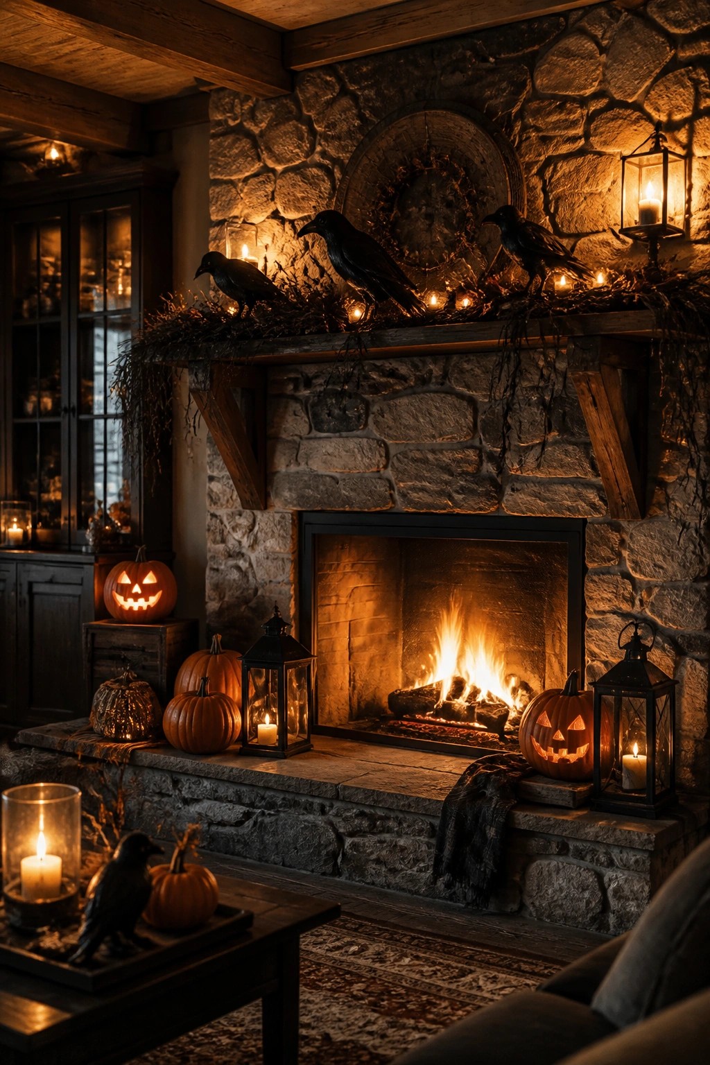 Stone fireplace mantel decorated with black crows, string lights, and garland above a lit fire, with jack o lanterns and lanterns arranged on the hearth and surrounding stone.