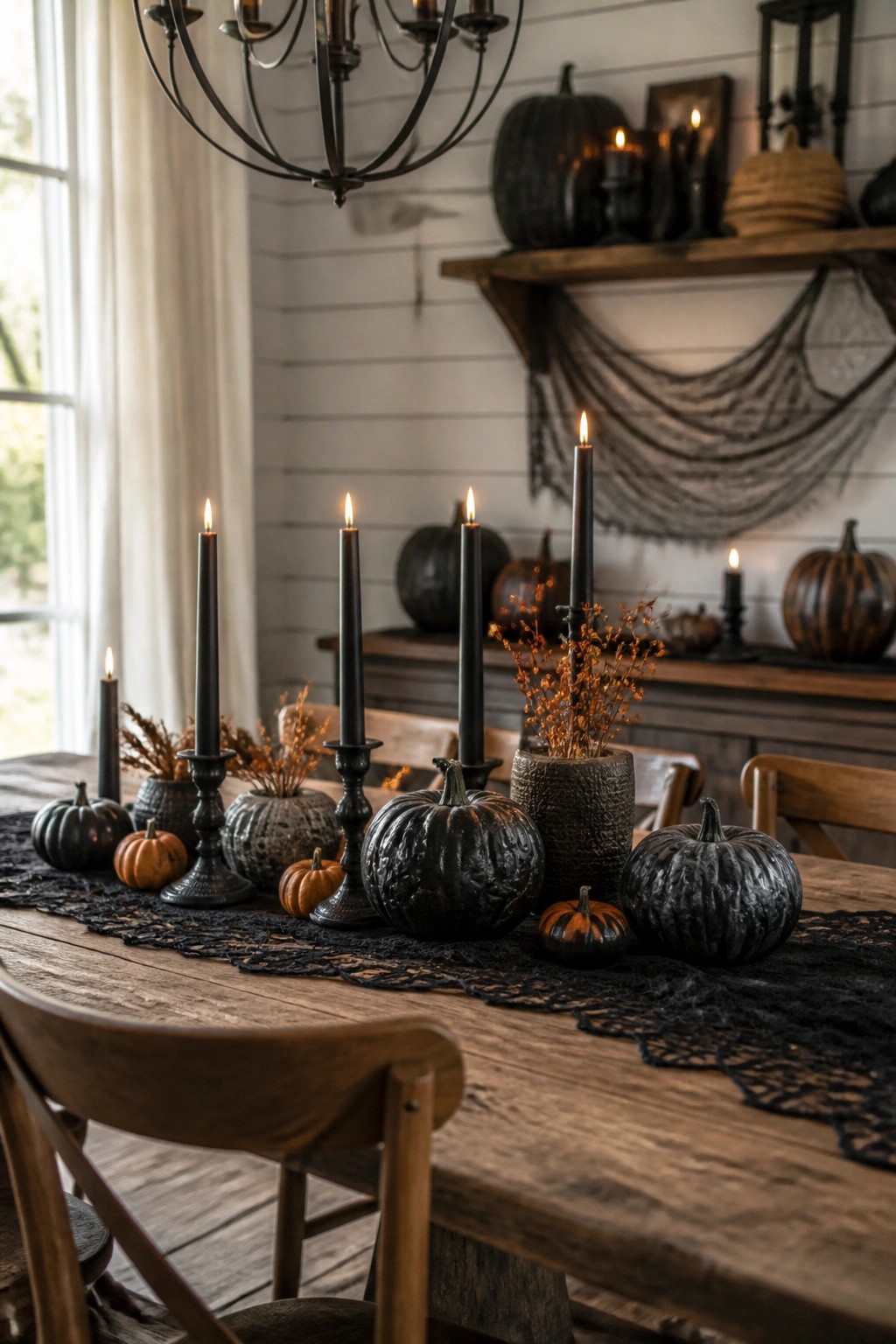 Wooden dining table set with a black lace runner, black pumpkins, tall black candles, and a vase of dried orange stems.
