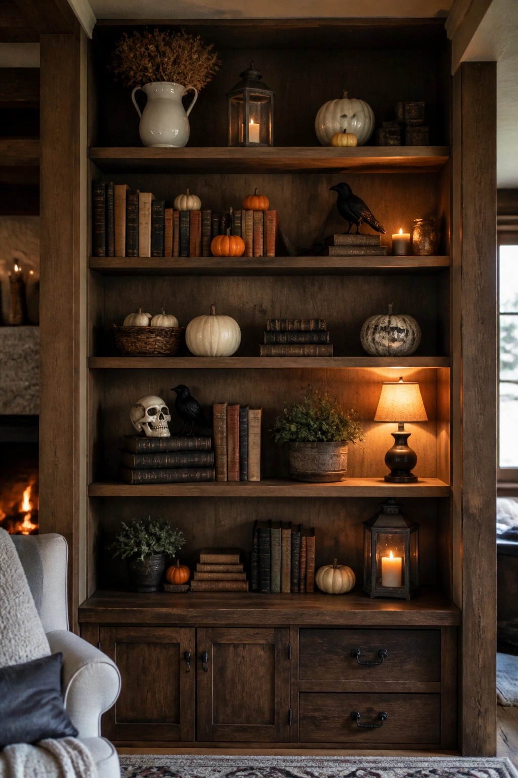 Built-in wooden bookshelf styled with a skull, black crows, small pumpkins, books, and lanterns for Halloween.
