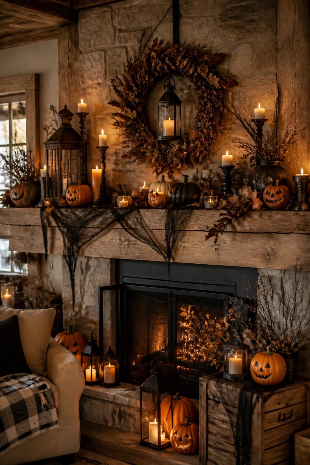 Stone fireplace mantel styled with jack o lantern pumpkins, black lanterns, candles, and a large dried wreath for Halloween.