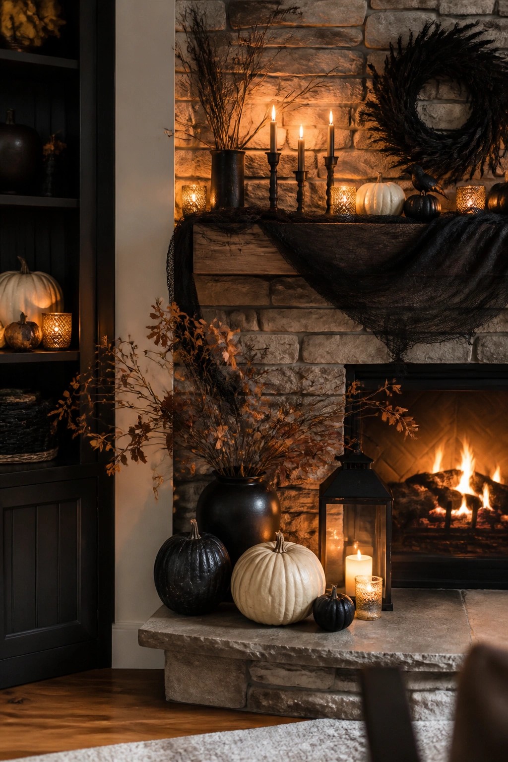 Stone fireplace mantel styled for Halloween with black tulle, black candles, white and black pumpkins, and a black wreath.