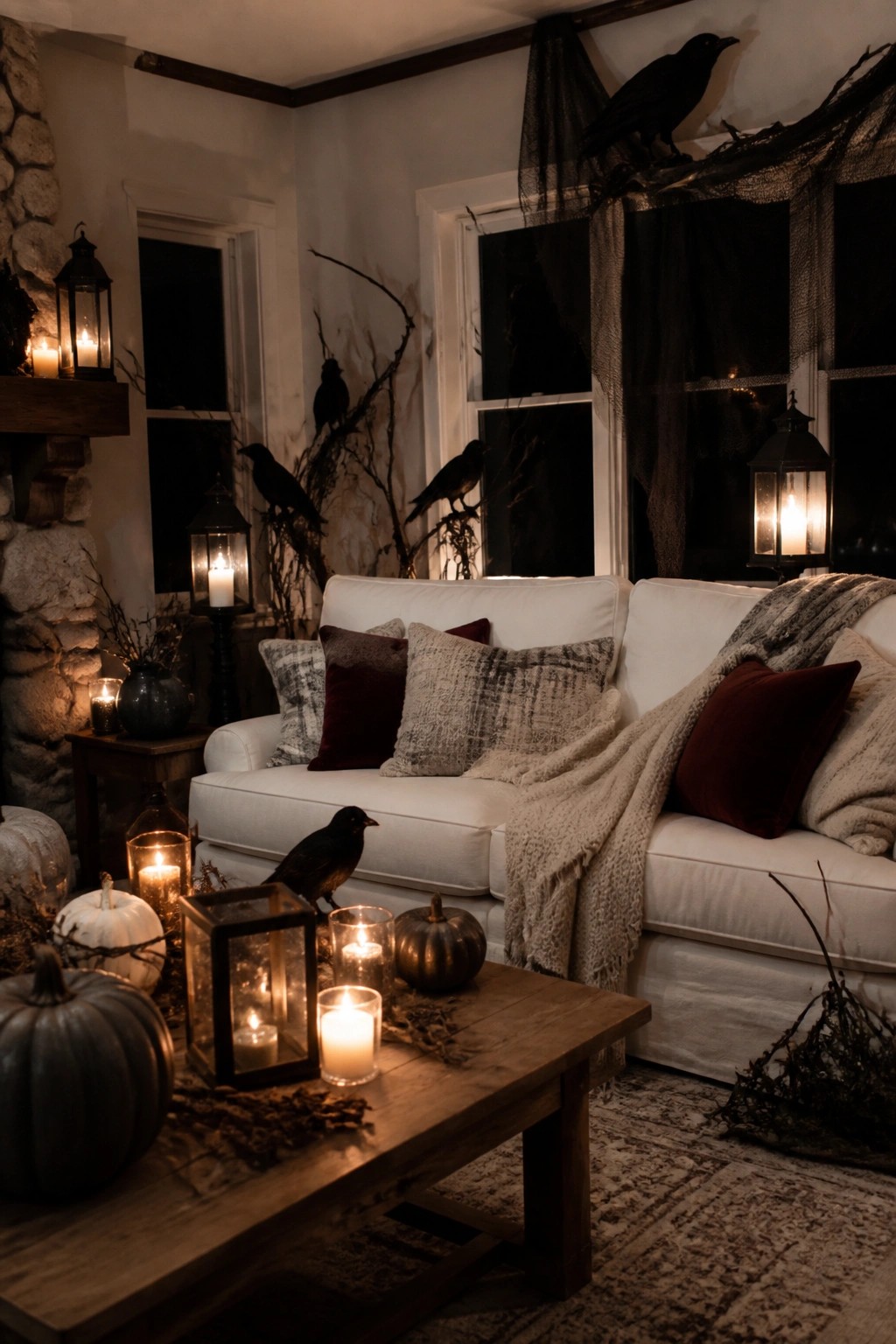 Living room with white sofa, wooden coffee table, and black crows placed on branches near windows and around the seating area.