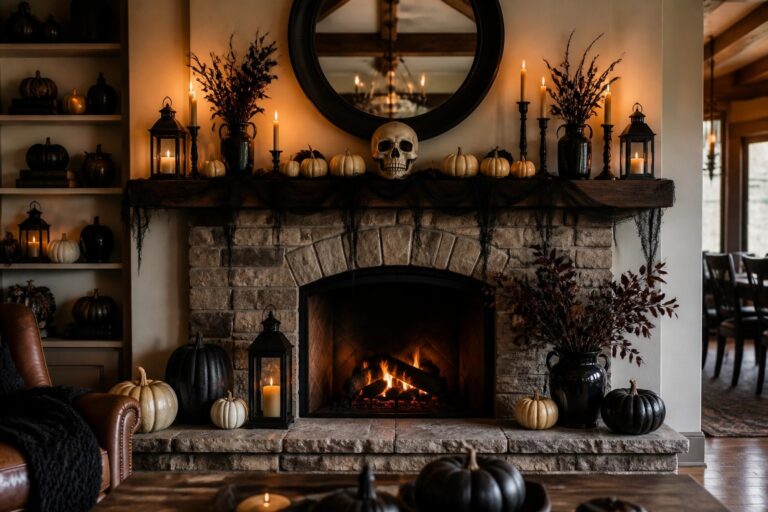 Stone fireplace mantel decorated for Halloween with black lanterns, crows, small pumpkins, a dark fabric runner, and a large autumn wreath above the firebox.