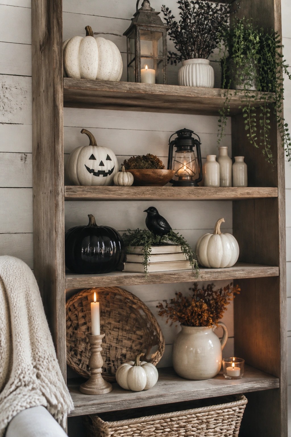 Rustic wooden shelves with white pumpkins, lit candles, lanterns, and autumn decor.