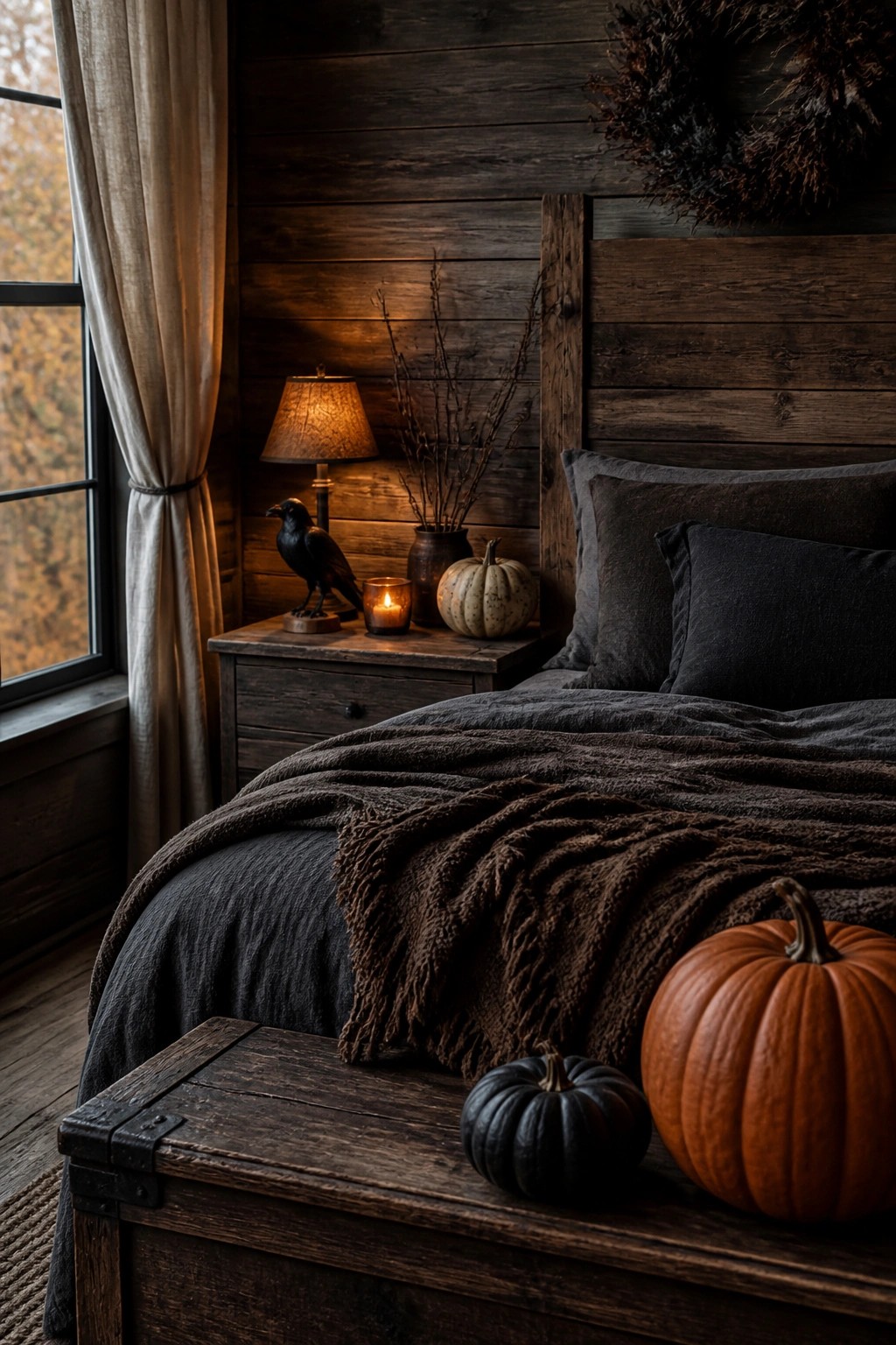 Bedroom with dark wood headboard, black crow figurine on nightstand beside pumpkins and a lit candle, plus more pumpkins on a wooden trunk at the foot of the bed.